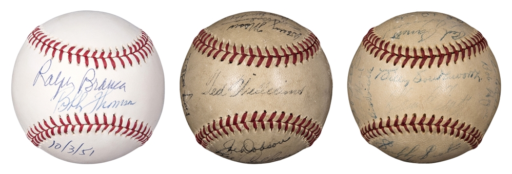 Signed Balls Trio (3 Different) Including 1947 Boston Red Sox, 1949 Boston Braves and Branca/Thomson (Including Business Card and Comic Ad) - (PSA/DNA) 